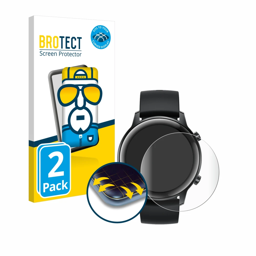 Front side of a product packaging with the brand logo BROTECT. Next to it is the device Honor Watch Magic 2 (42 mm) shown with