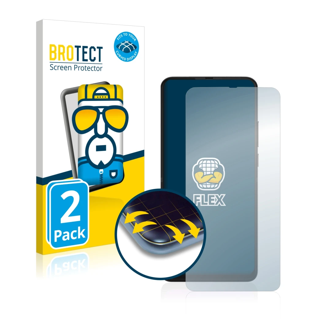 Front side of a product packaging with the brand logo BROTECT. Next to it is the device Motorola One Hyper shown with the corr