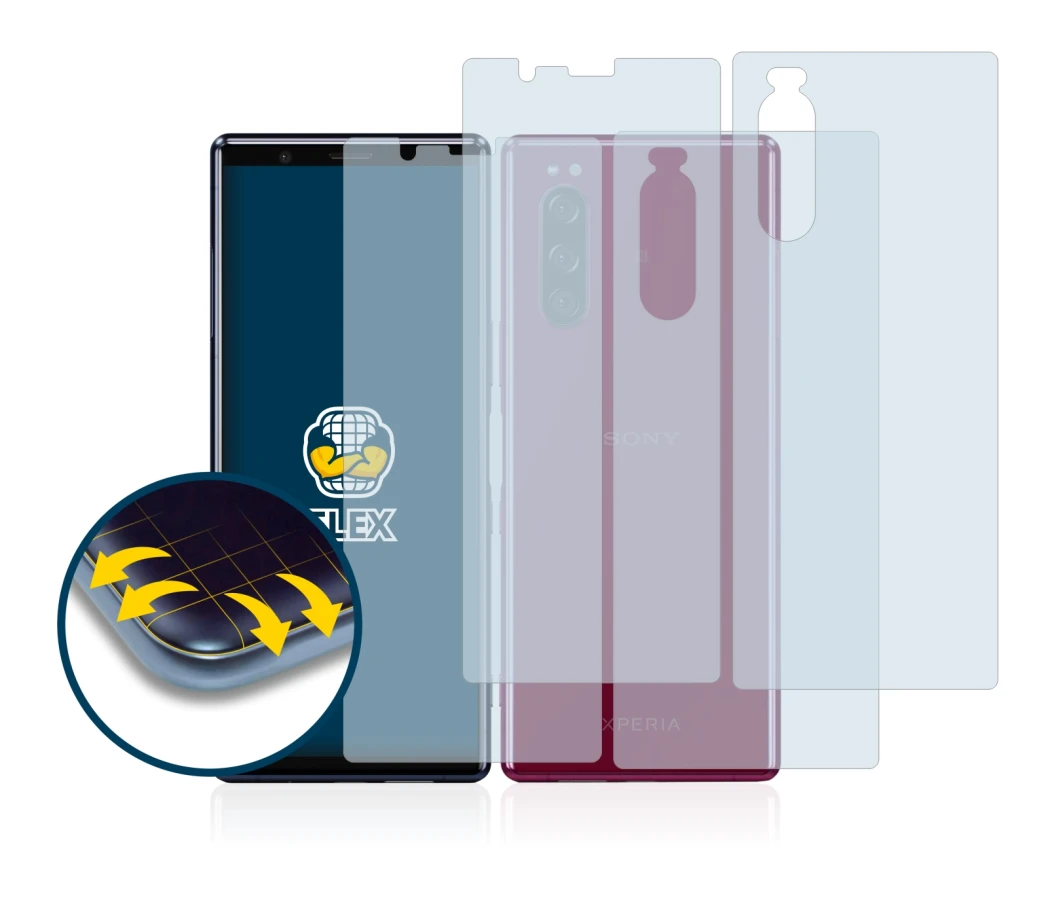 Image of the device Sony Xperia 5 (Front+Back) with a wide variety of screen protectors.