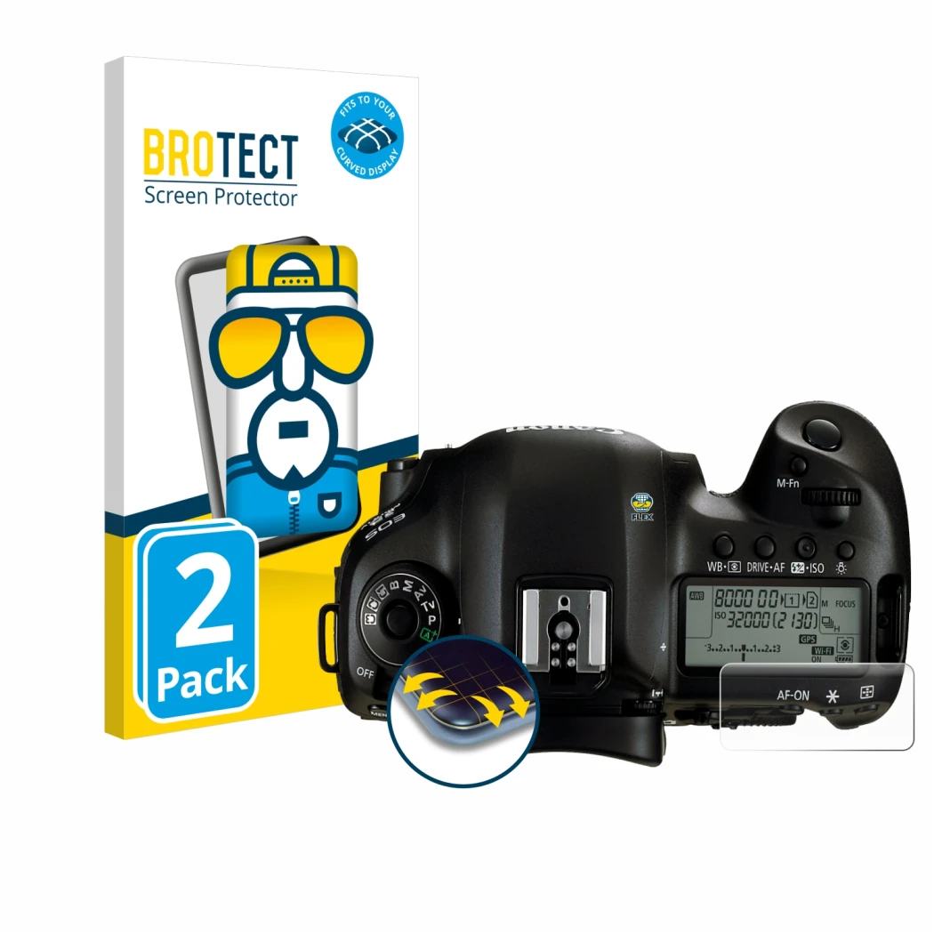 Front side of a product packaging with the brand logo BROTECT. Next to it is the device Canon EOS 5D Mark IV (top plate displa