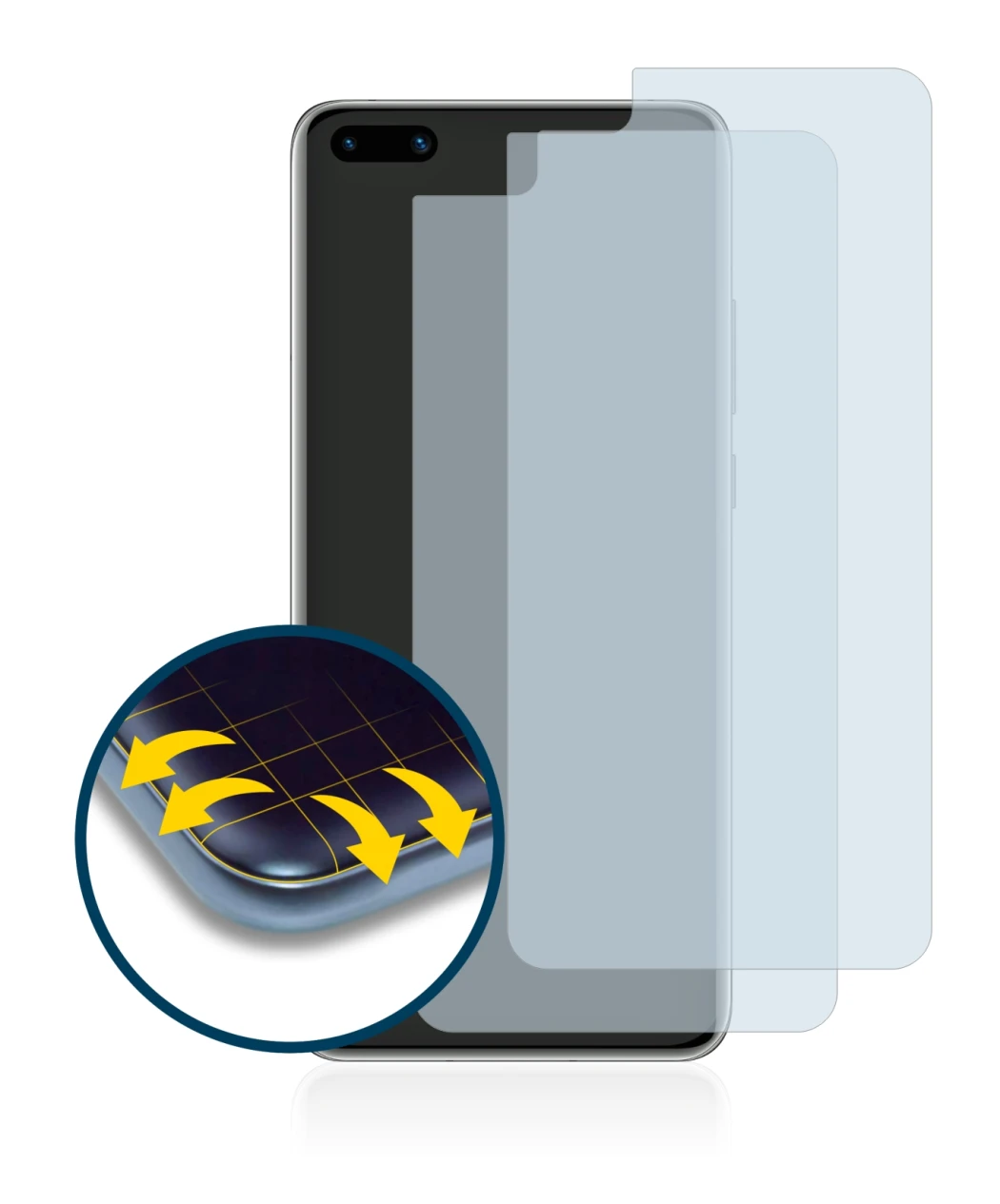 Image of the device Huawei P40 with a wide variety of screen protectors.