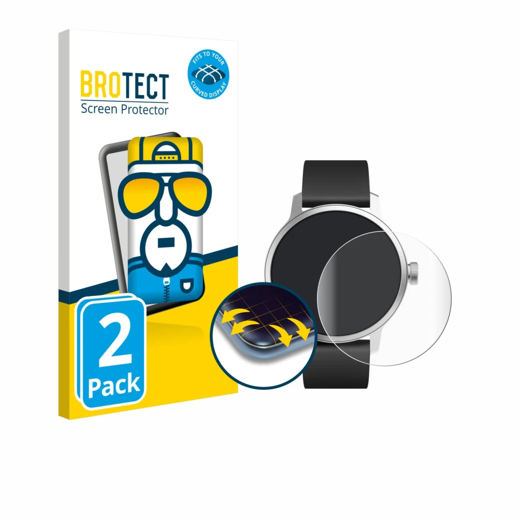 Front side of a product packaging with the brand logo BROTECT. Next to it is the device Withings ScanWatch (42 mm) shown with