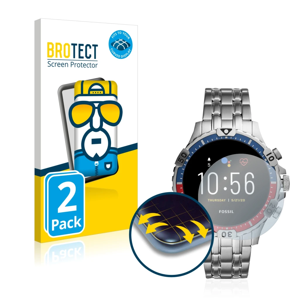 Front side of a product packaging with the brand logo BROTECT. Next to it is the device Fossil Garrett HR (5. Gen) shown with