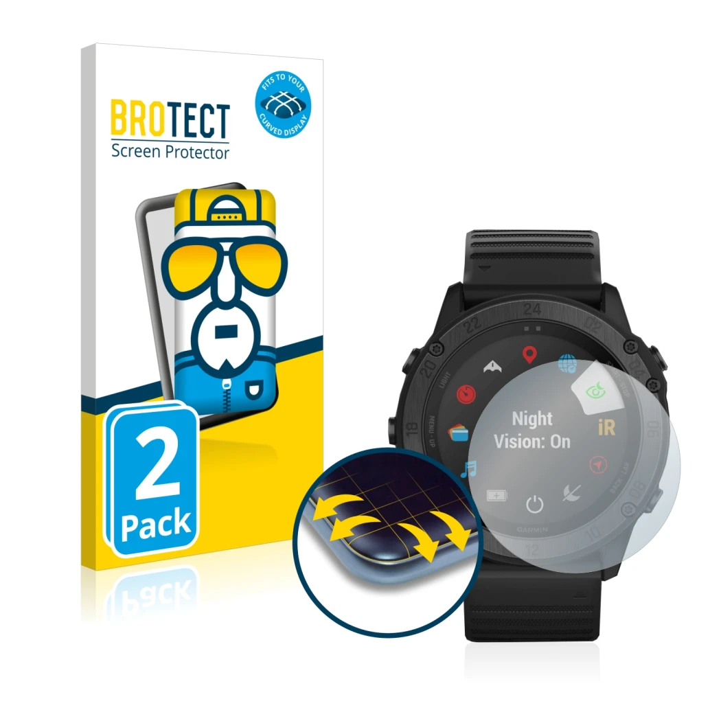Front side of a product packaging with the brand logo BROTECT. Next to it is the device Garmin Tactix Delta shown with the cor