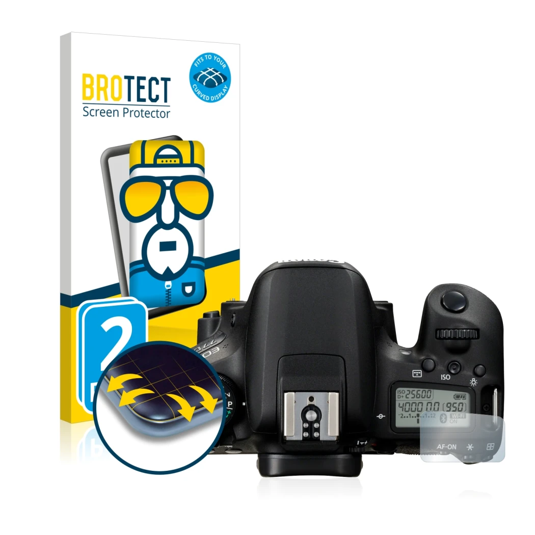Front side of a product packaging with the brand logo BROTECT. Next to it is the device Canon EOS 77D (top plate display) show