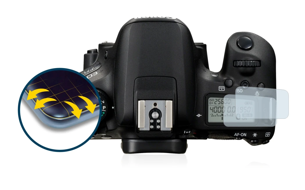 Image of the device Canon EOS 77D (top plate display) with a wide variety of screen protectors.