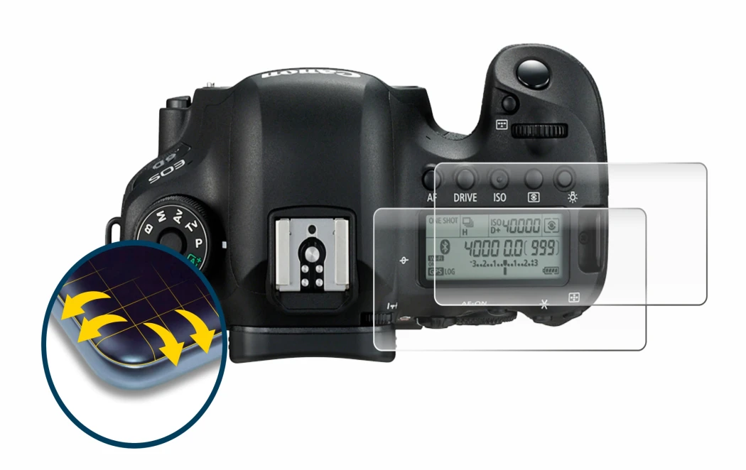 Image of the device Canon EOS 6D (top plate display) with a wide variety of screen protectors.