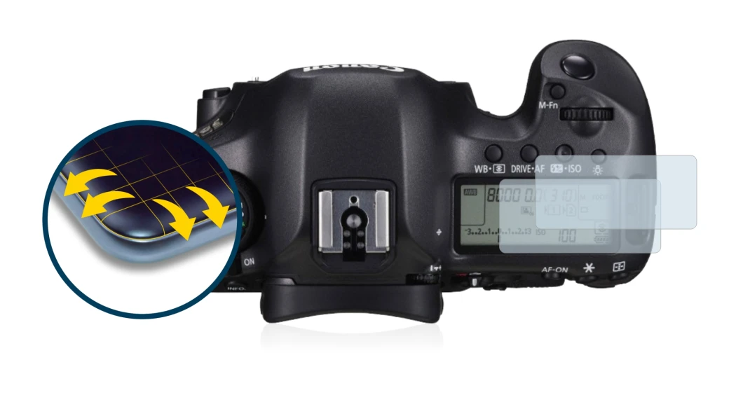 Image of the device Canon EOS 5DS (top plate display) with a wide variety of screen protectors.