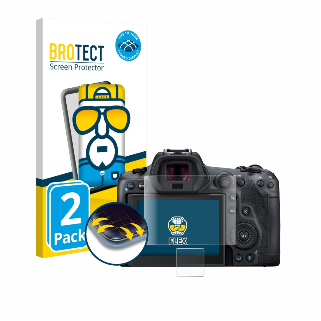 Front side of a product packaging with the brand logo BROTECT. Next to it is the device Canon EOS R5 shown with the correspond