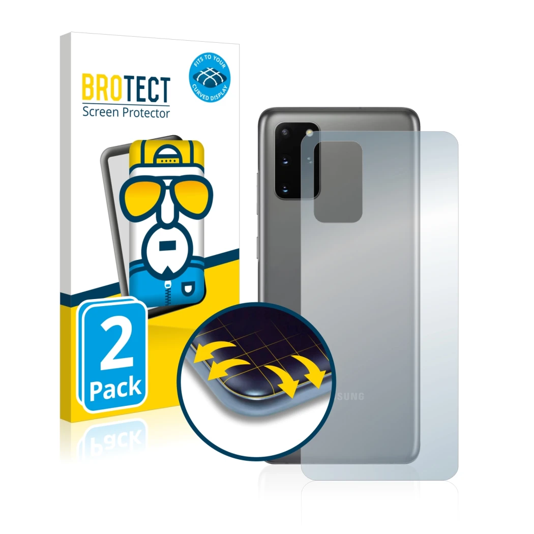 Front side of a product packaging with the brand logo BROTECT. Next to it is the device Samsung Galaxy S20 Plus 5G (Back) show