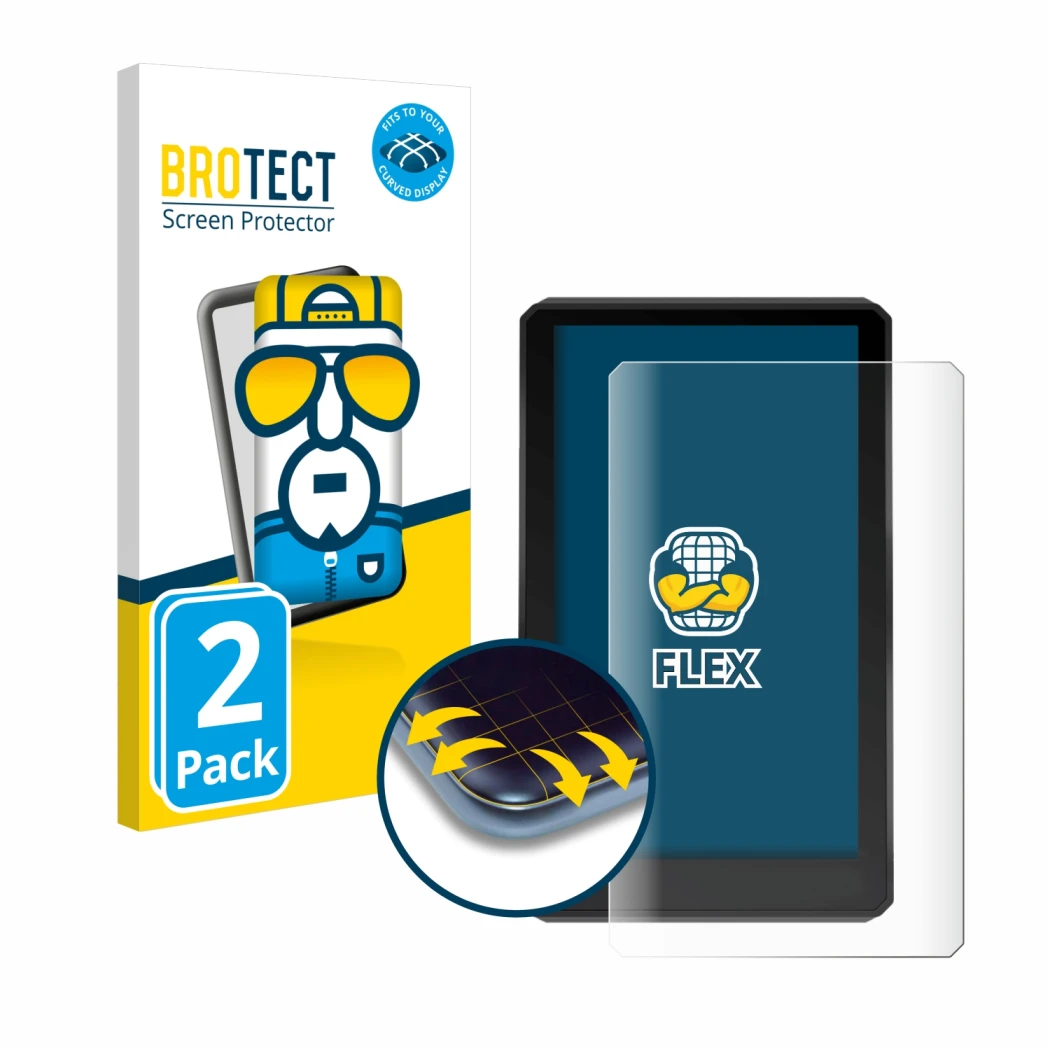 Front side of a product packaging with the brand logo BROTECT. Next to it is the device Garmin zumo XT shown with the correspo