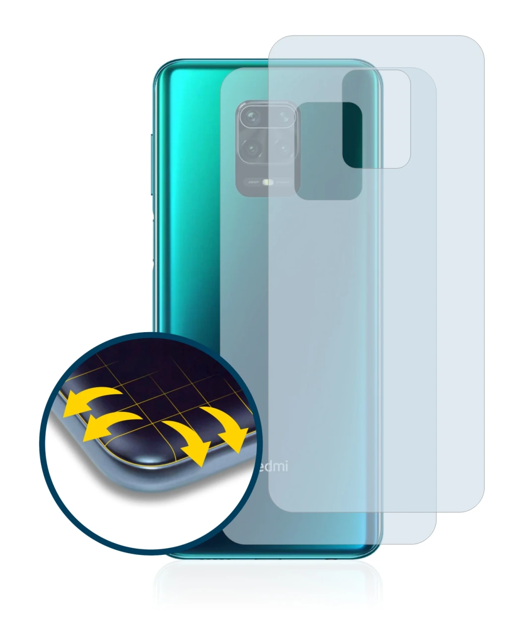Image of the device Xiaomi Redmi Note 9 Pro (Back) with a wide variety of screen protectors.