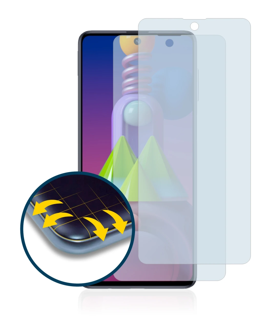 Image of the device Samsung Galaxy M51 with a wide variety of screen protectors.