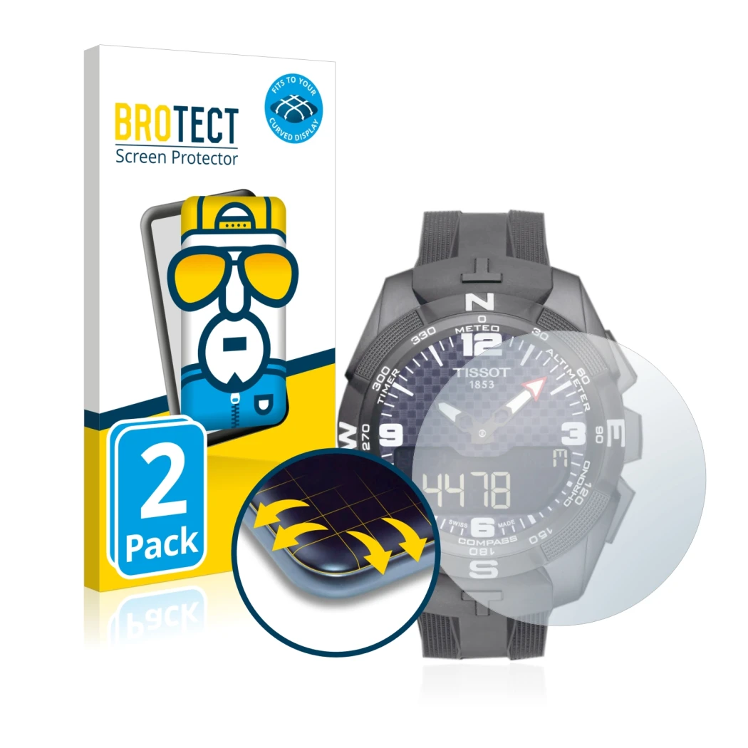Front side of a product packaging with the brand logo BROTECT. Next to it is the device Tissot T-Touch Connect Solar shown wit