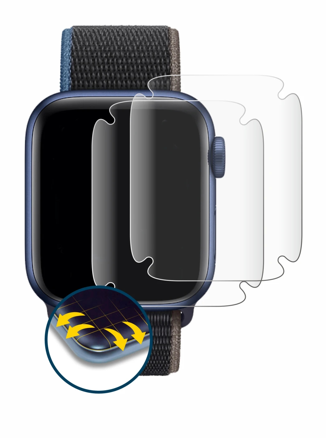 Image of the device Apple Watch Series 6 (44 mm) with a wide variety of screen protectors.