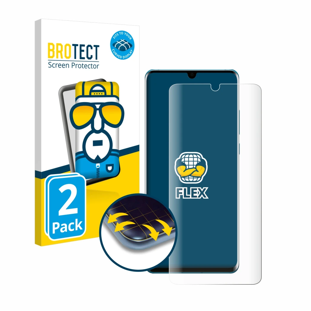 Front side of a product packaging with the brand logo BROTECT. Next to it is the device Huawei P30 Pro New Edition shown with