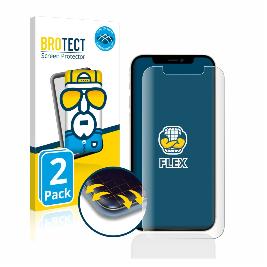 Front side of a product packaging with the brand logo BROTECT. Next to it is the device Apple iPhone 12 shown with the corresp