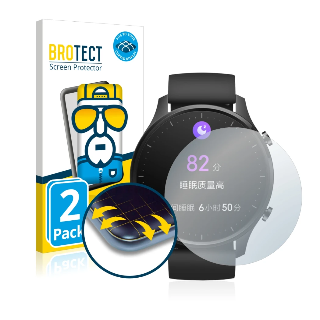 Front side of a product packaging with the brand logo BROTECT. Next to it is the device Xiaomi Mi Watch Revolve shown with the