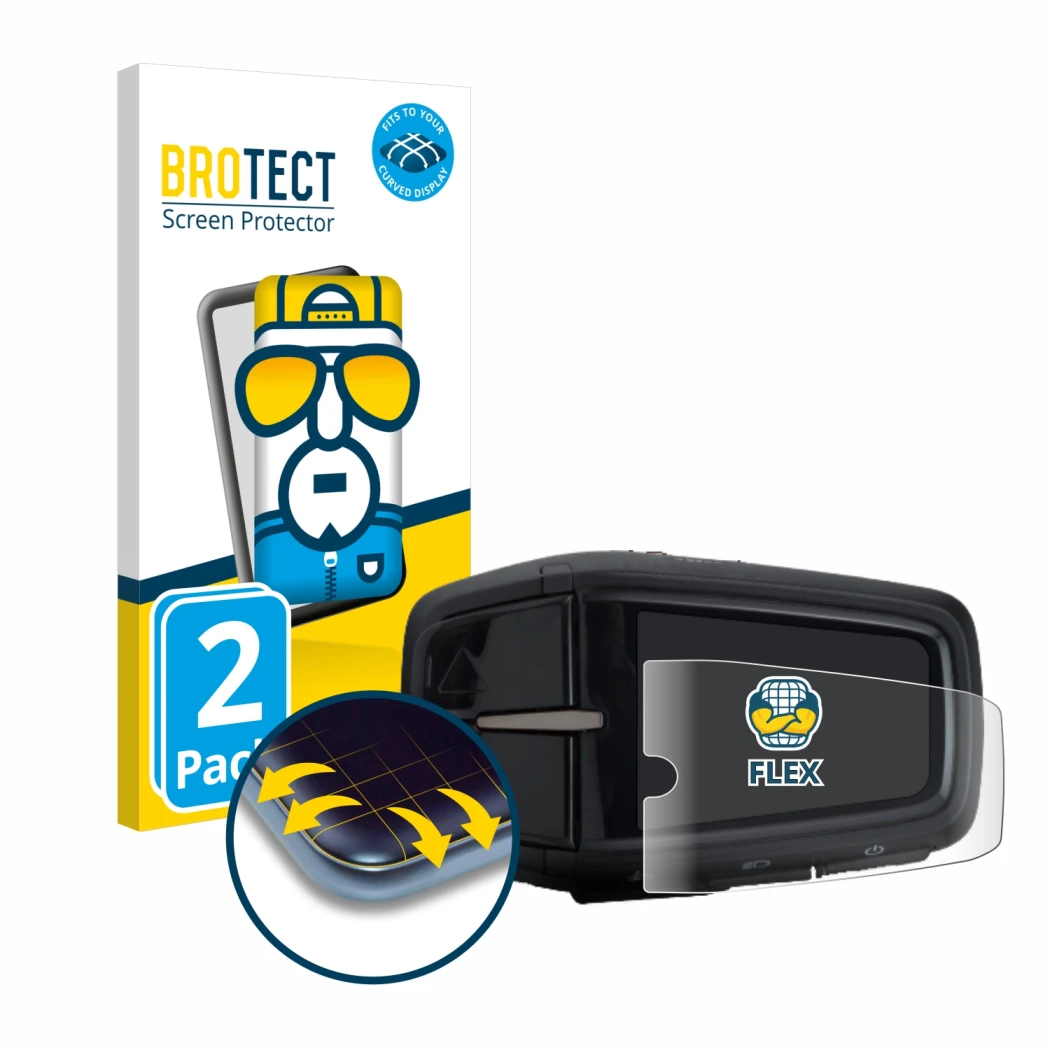 Front side of a product packaging with the brand logo BROTECT. Next to it is the device Yamaha LCD-A Display 2019 shown with t