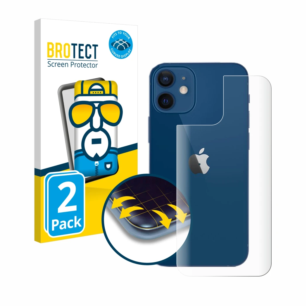 Front side of a product packaging with the brand logo BROTECT. Next to it is the device Apple iPhone 12 (Back) shown with the 