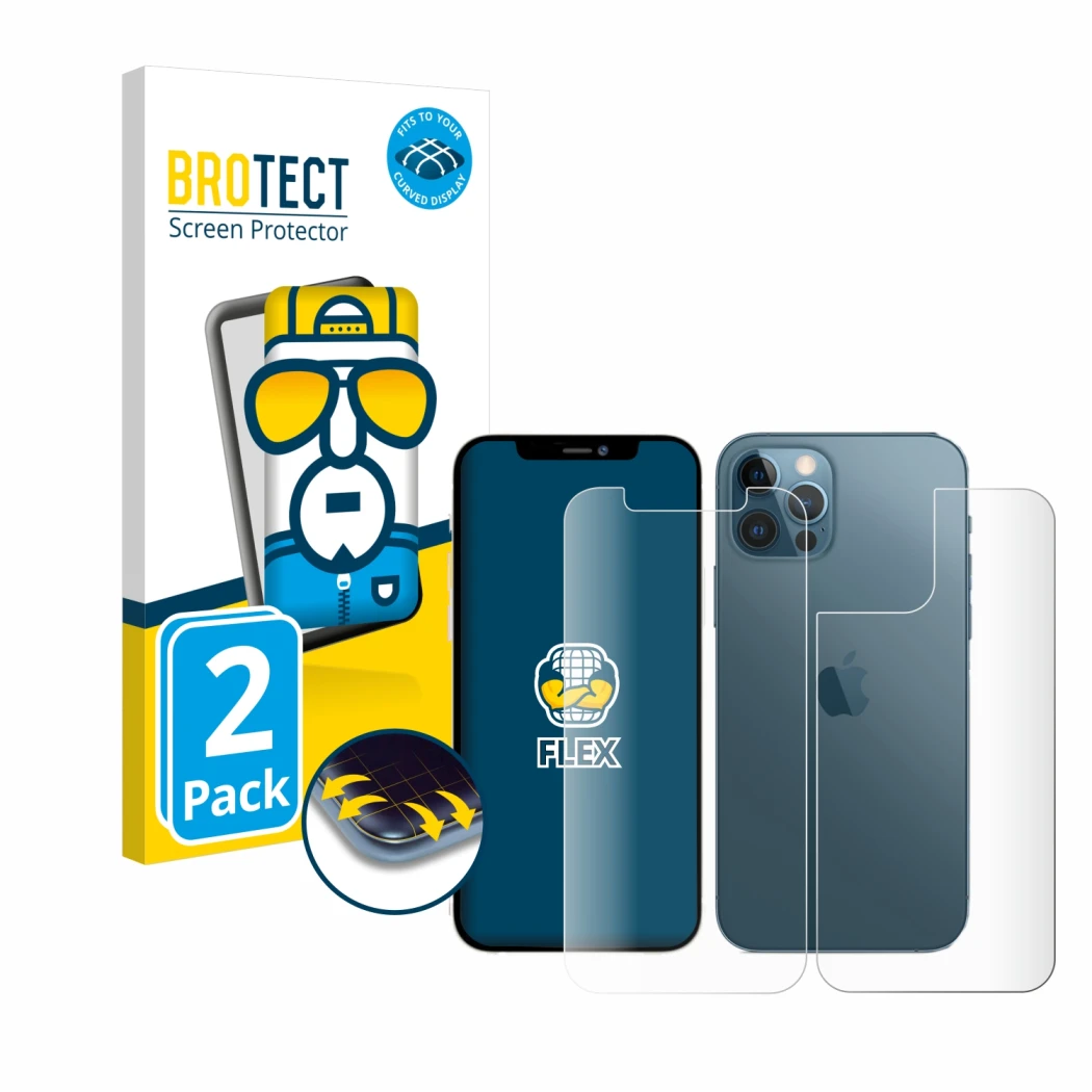 Front side of a product packaging with the brand logo BROTECT. Next to it is the device Apple iPhone 12 Pro (Front+Back) shown