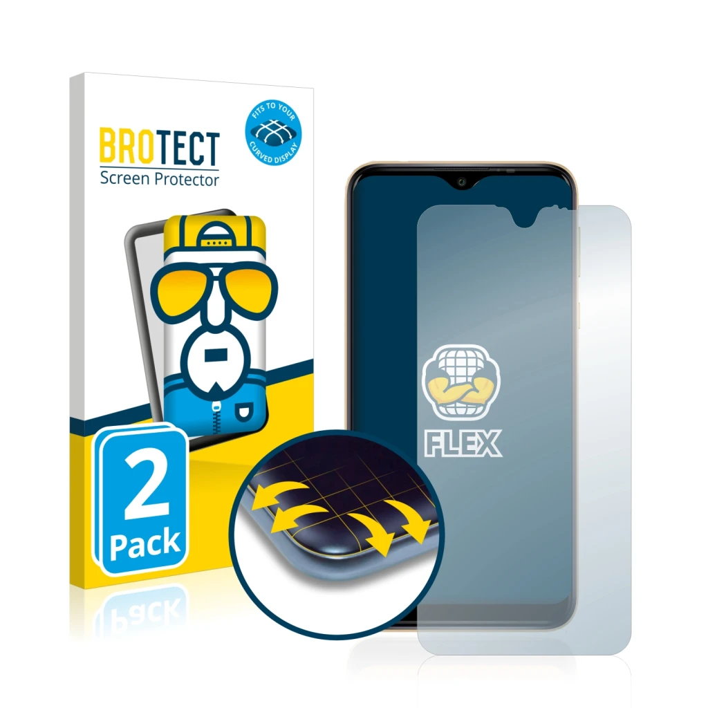 Front side of a product packaging with the brand logo BROTECT. Next to it is the device Wiko Y81 shown with the corresponding