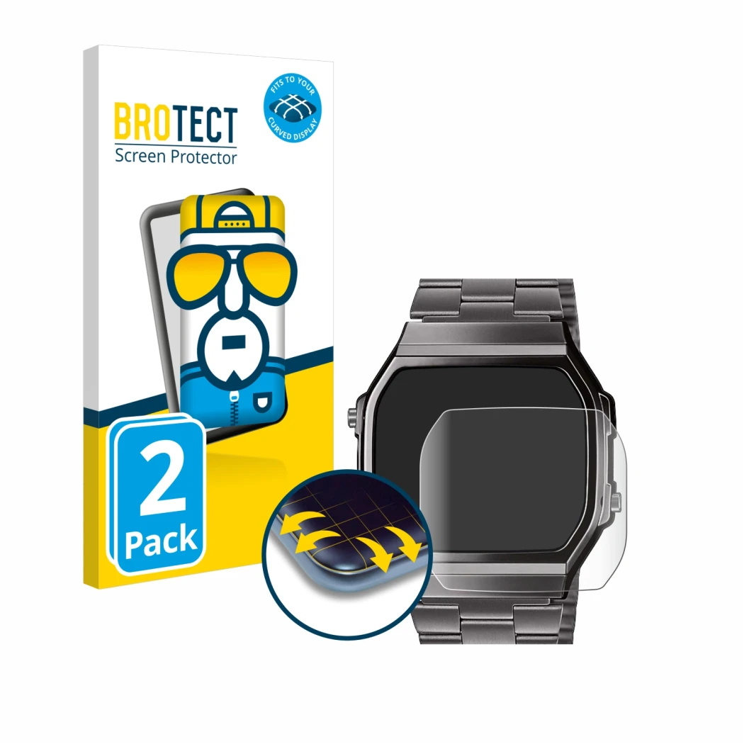 Front side of a product packaging with the brand logo BROTECT. Next to it is the device Casio A168WEGG-1BEF shown with the cor