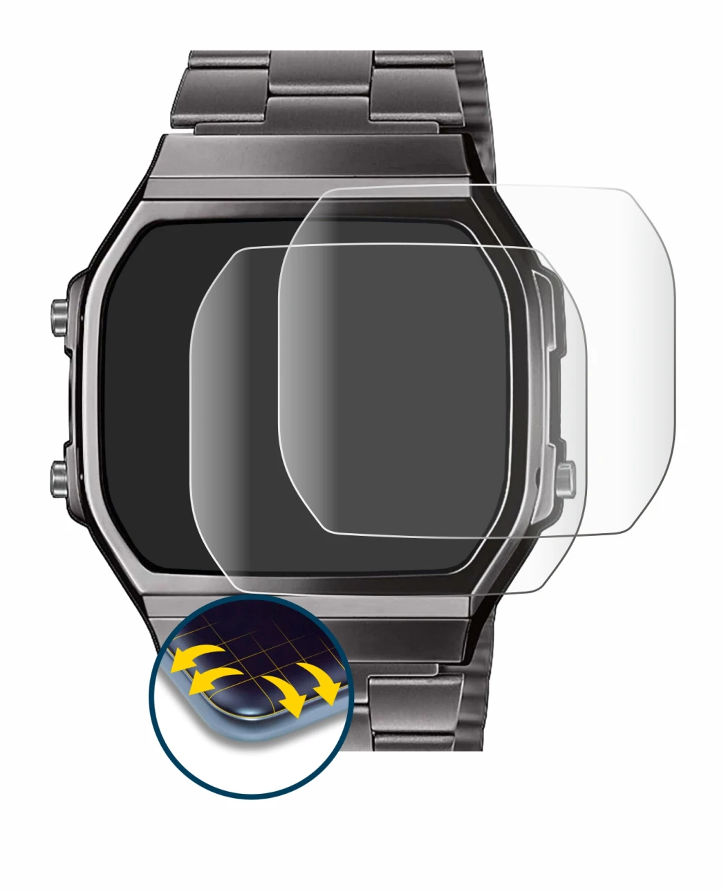 Image of the device Casio A168WEGG-1BEF with a wide variety of screen protectors.