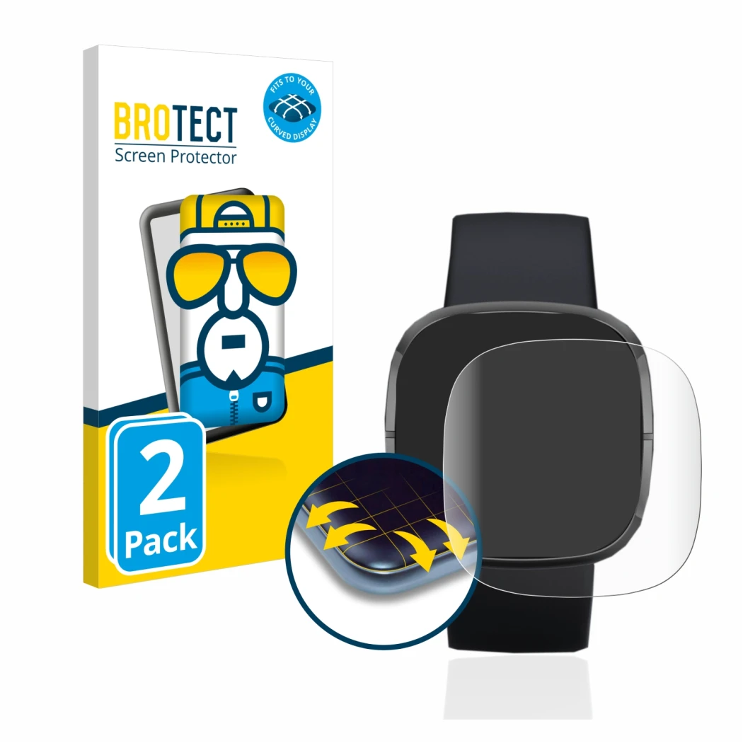 Front side of a product packaging with the brand logo BROTECT. Next to it is the device Fitbit Sense shown with the correspond