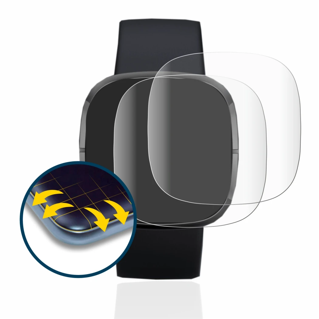 Image of the device Fitbit Sense with a wide variety of screen protectors.