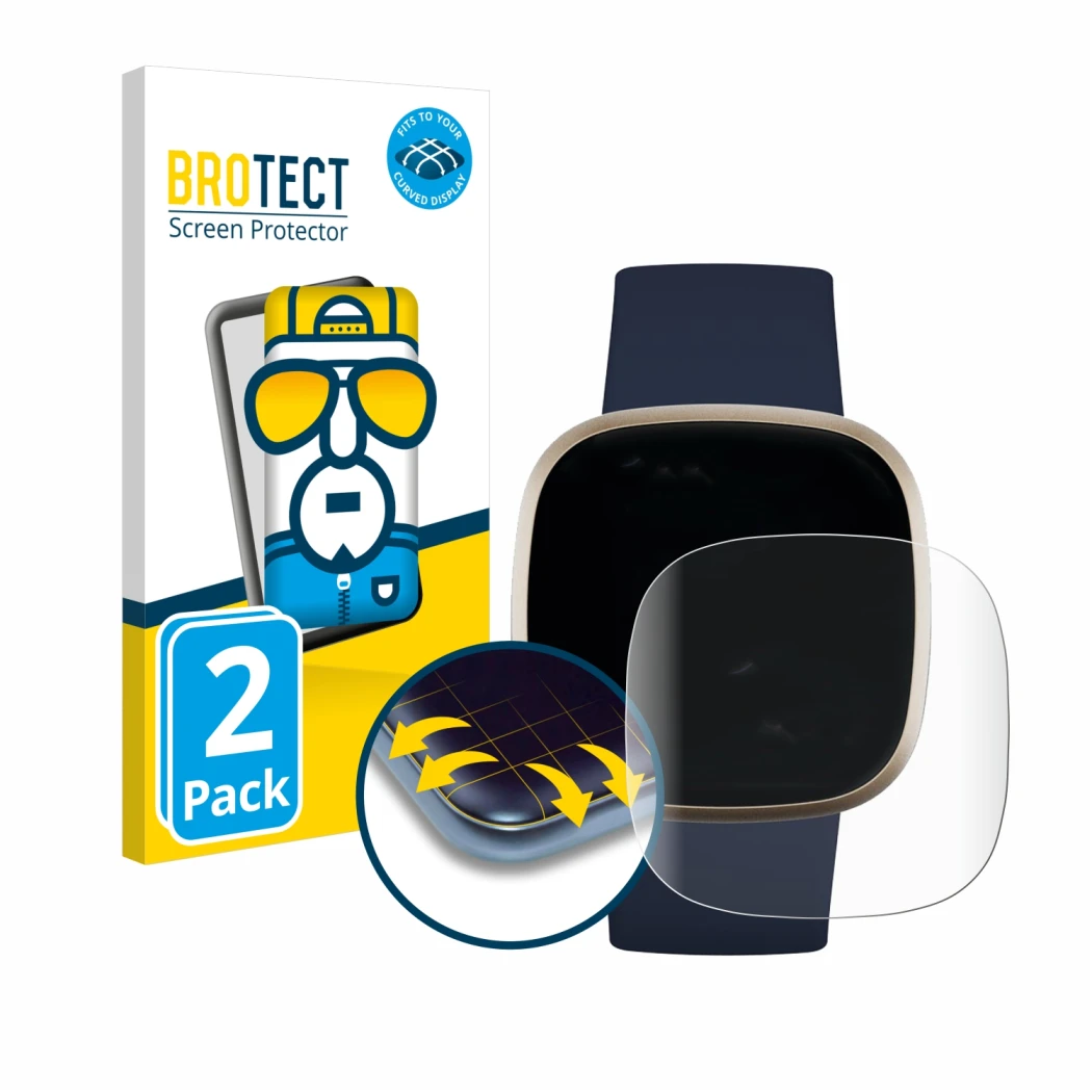 Front side of a product packaging with the brand logo BROTECT. Next to it is the device Fitbit Versa 3 shown with the correspo