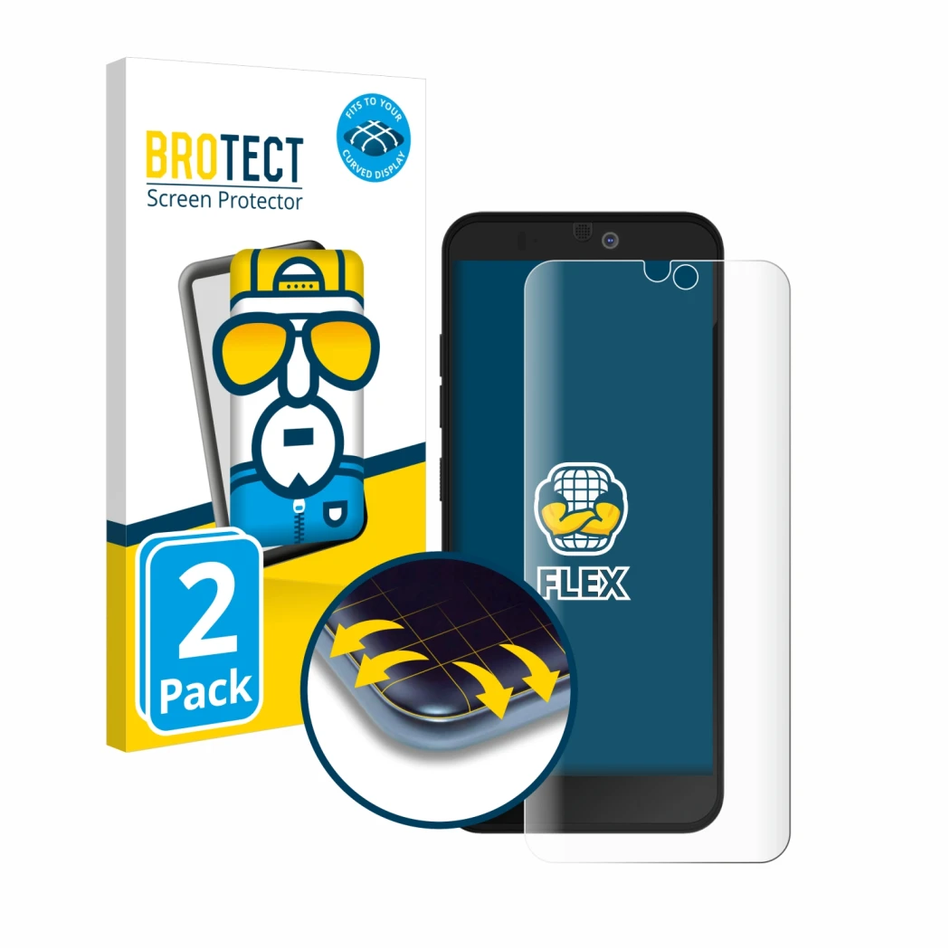 Front side of a product packaging with the brand logo BROTECT. Next to it is the device Fairphone 3 Plus shown with the corres