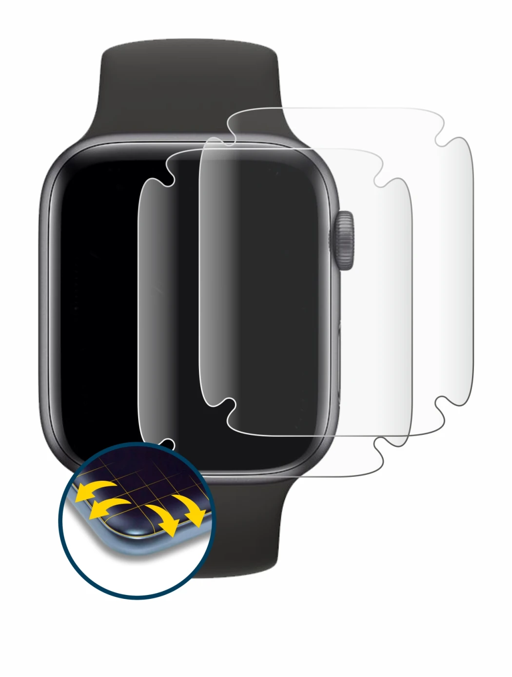 Image of the device Apple Watch SE (44 mm) with a wide variety of screen protectors.