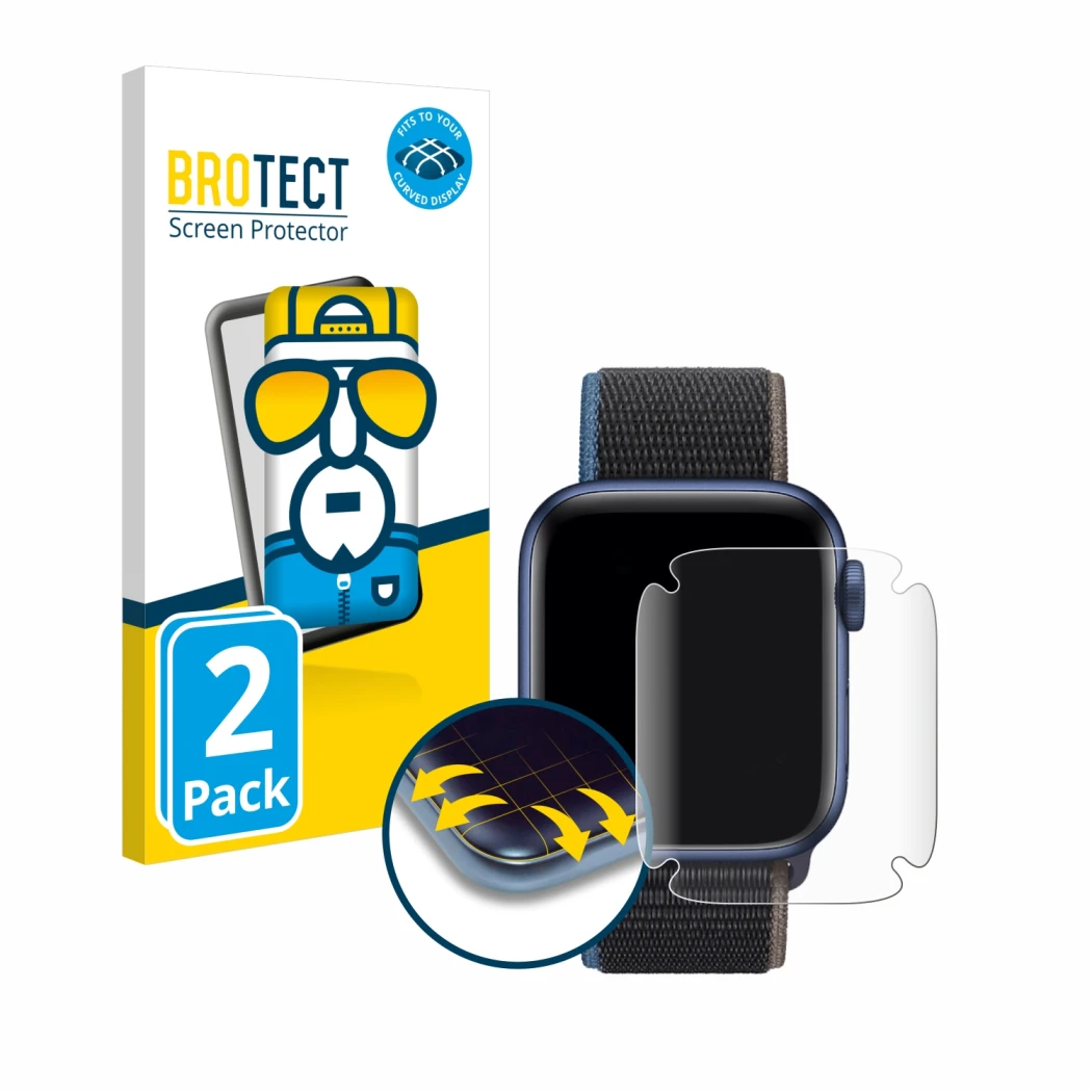 Front side of a product packaging with the brand logo BROTECT. Next to it is the device Apple Watch Series 6 (40 mm) shown wit