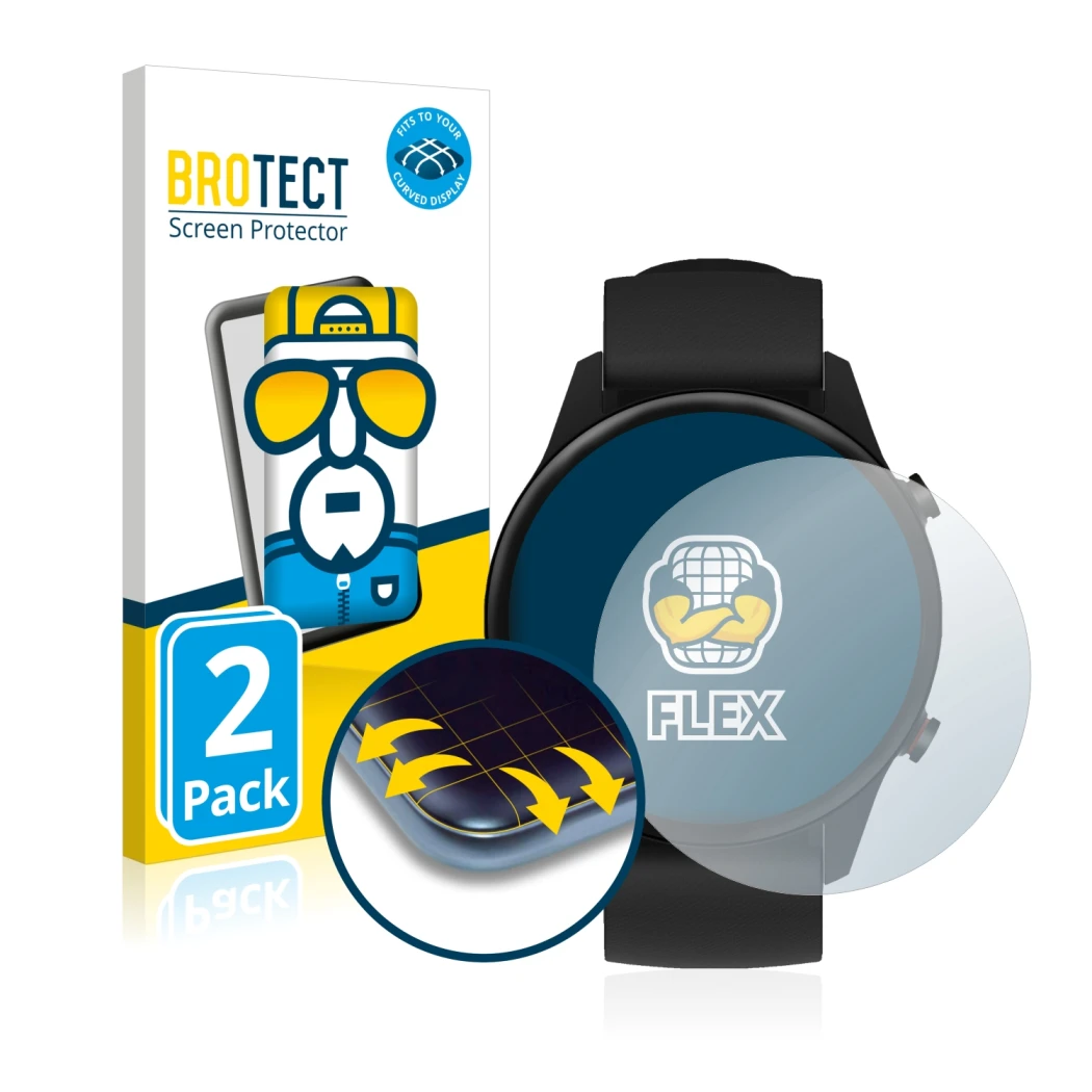 Front side of a product packaging with the brand logo BROTECT. Next to it is the device Xiaomi Mi Watch 2021 shown with the co