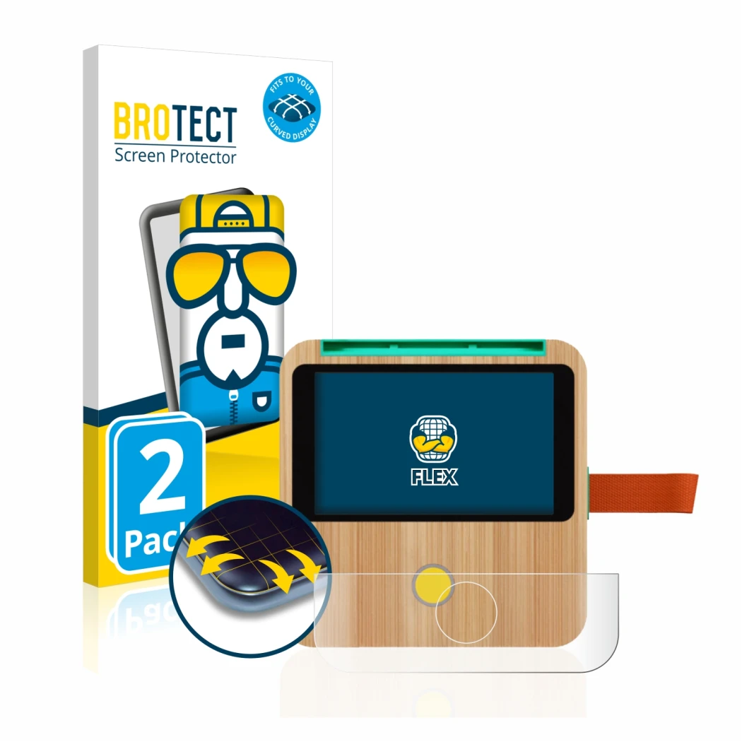 Front side of a product packaging with the brand logo BROTECT. Next to it is the device tigerbox Touch shown with the correspo
