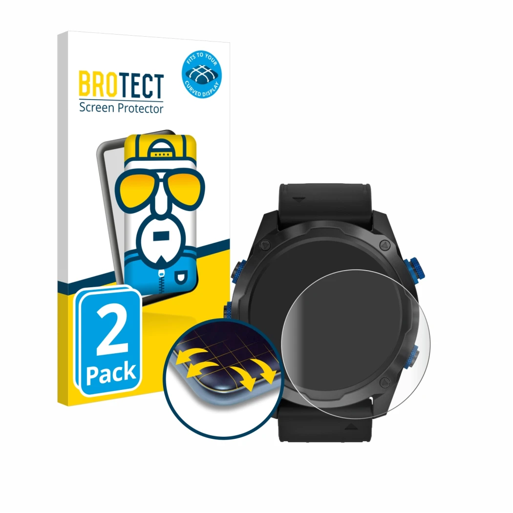Front side of a product packaging with the brand logo BROTECT. Next to it is the device Garmin Descent Mk2i shown with the cor