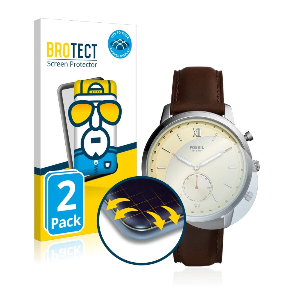 Front side of a product packaging with the brand logo BROTECT. Next to it is the device Fossil Neutra Hybrid HR shown with the