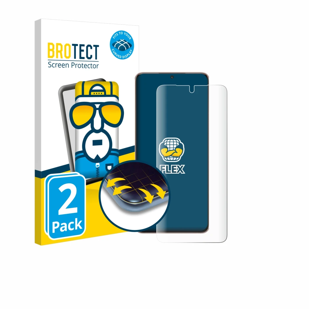 Front side of a product packaging with the brand logo BROTECT. Next to it is the device Samsung Galaxy S21 Ultra 5G shown with