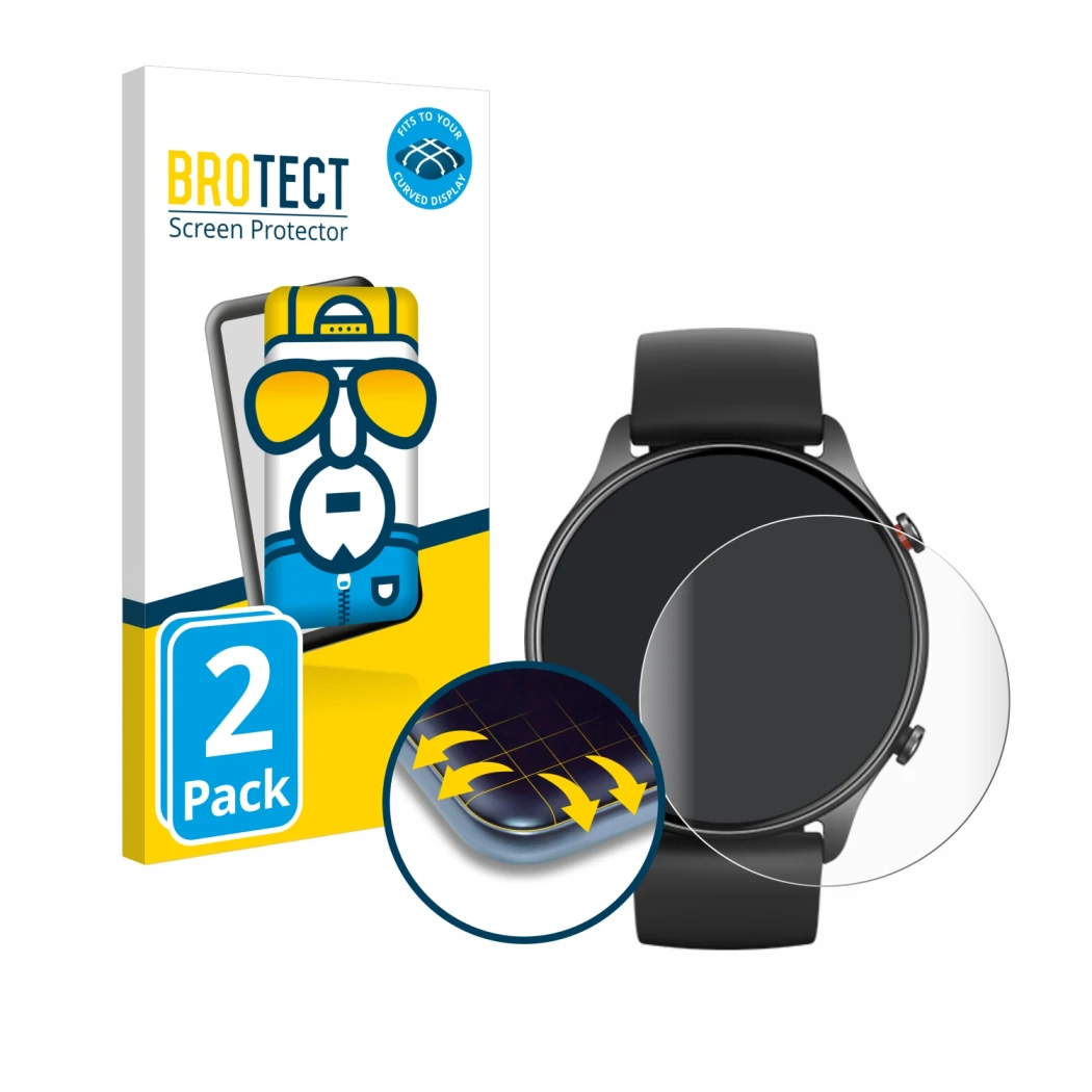 Front side of a product packaging with the brand logo BROTECT. Next to it is the device Huami Amazfit GTR 2e shown with the co