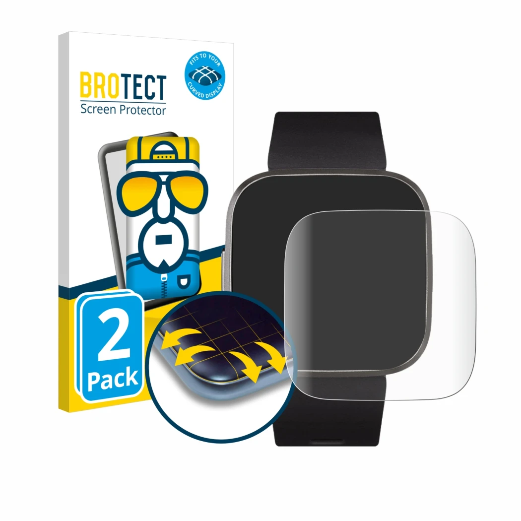 Front side of a product packaging with the brand logo BROTECT. Next to it is the device Fitbit Versa 2 Special Edition shown w