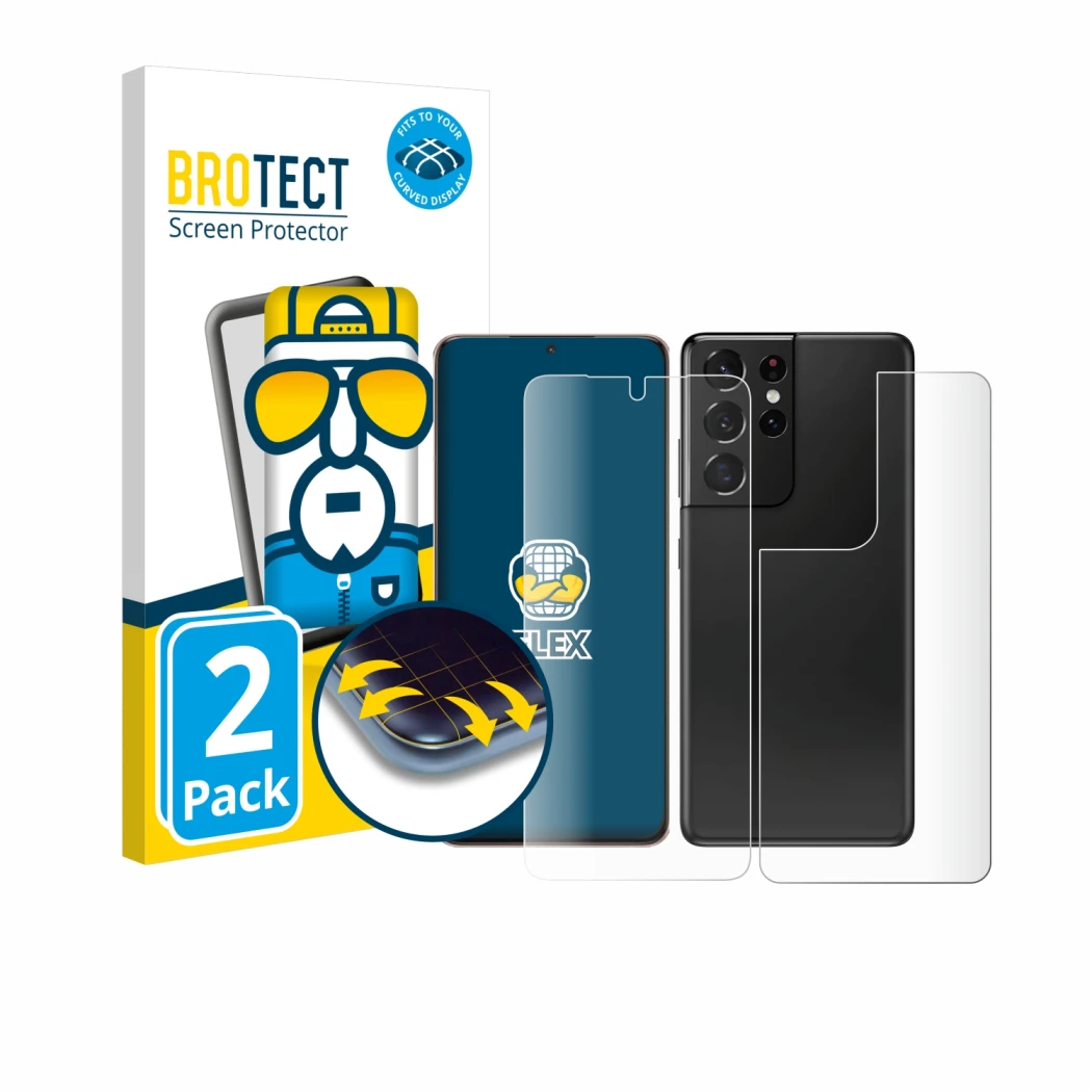 Front side of a product packaging with the brand logo BROTECT. Next to it is the device Samsung Galaxy S21 Ultra 5G (Front+Bac
