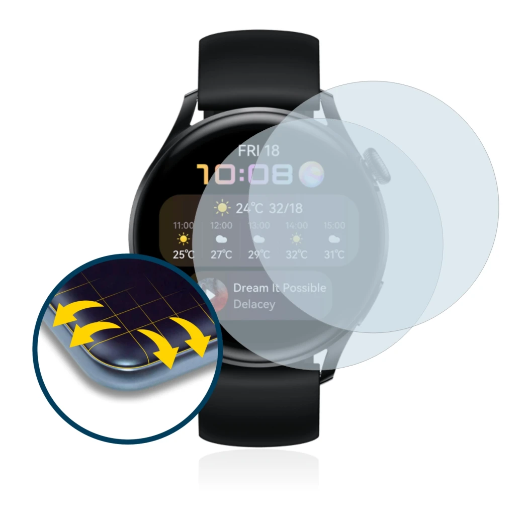 Image of the device Huawei Watch 3 with a wide variety of screen protectors.