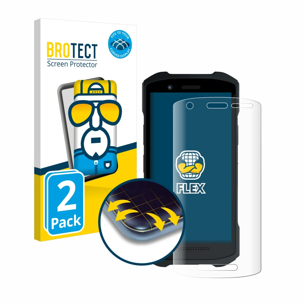 Front side of a product packaging with the brand logo BROTECT. Next to it is the device Zebra TC26 shown with the correspondin