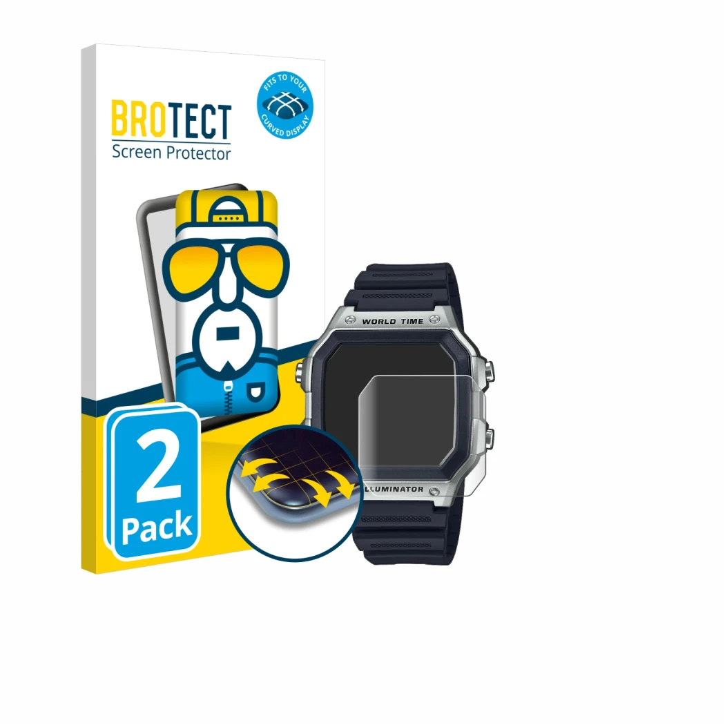 Front side of a product packaging with the brand logo BROTECT. Next to it is the device Casio AE-1200WH shown with the corresp