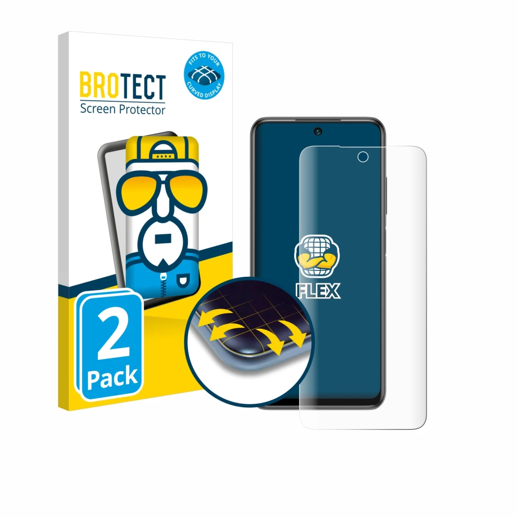 Front side of a product packaging with the brand logo BROTECT. Next to it is the device Xiaomi Redmi Note 10 5G shown with the