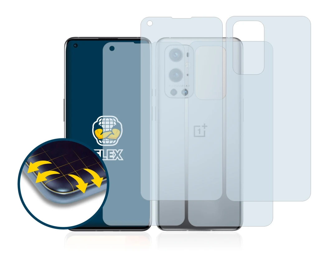 Image of the device OnePlus 9 Pro (Front+Back) with a wide variety of screen protectors.