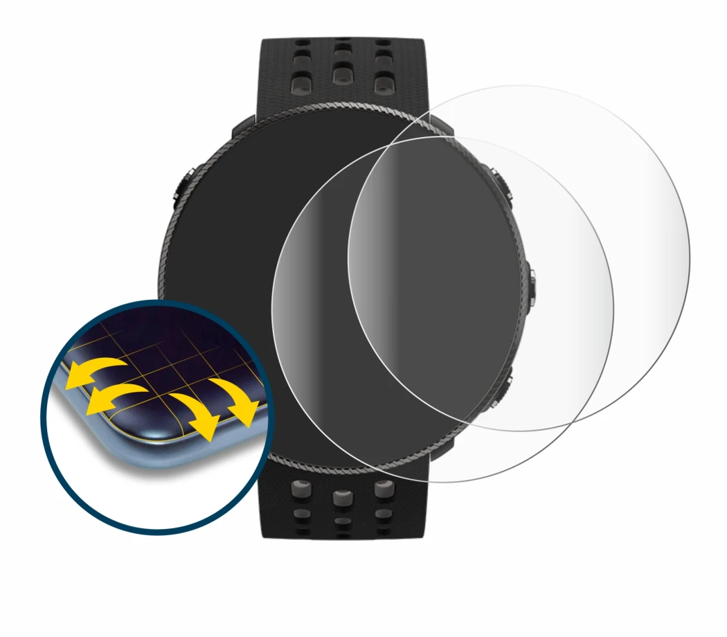 Image of the device Polar Vantage M2 with a wide variety of screen protectors.