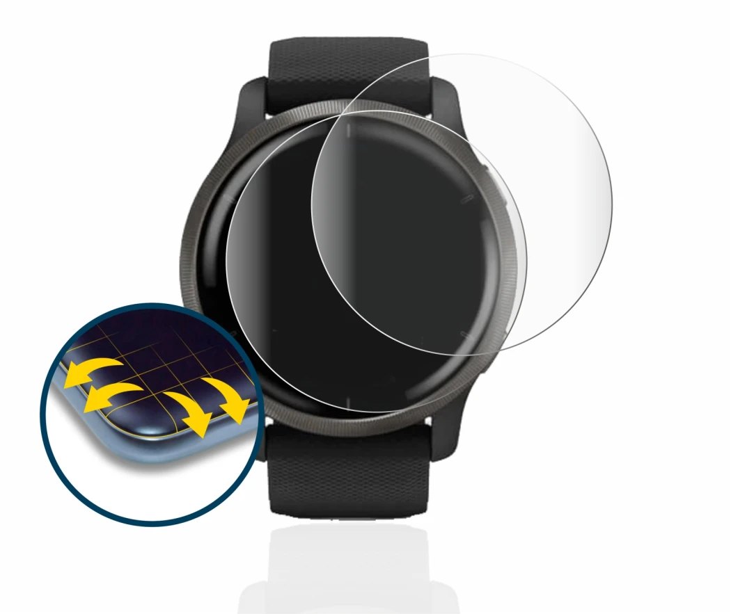 Image of the device Garmin Venu 2 with a wide variety of screen protectors.