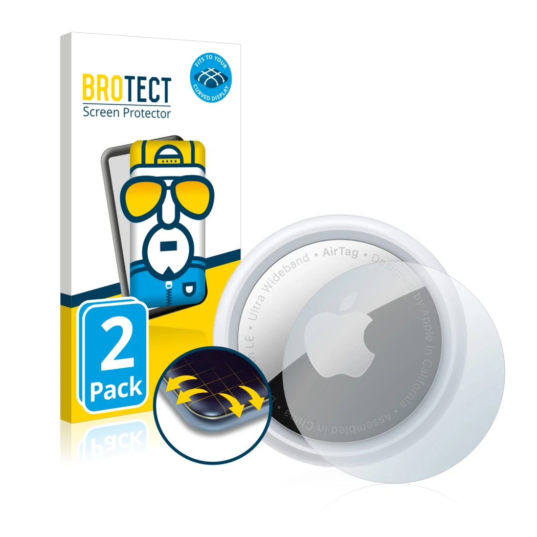 Front side of a product packaging with the brand logo BROTECT. Next to it is the device Apple AirTag shown with the correspond